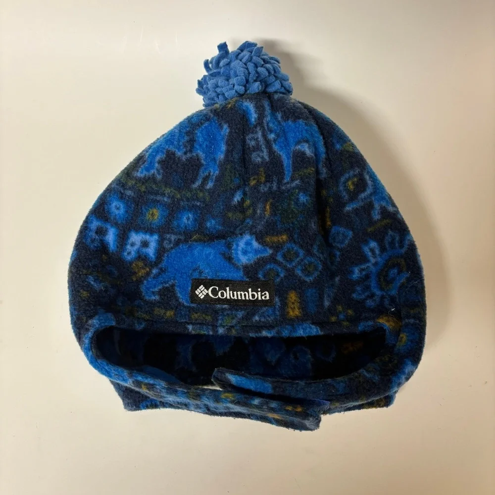 Columbia Toddler Blue Bear Print Fleece Trapper Hat XY0019 Ear Flap Beanie O/S